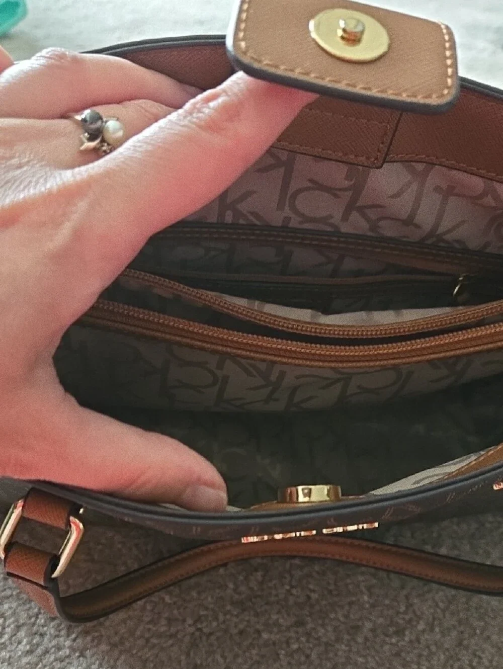 Calvin Klein Dark Brown Monogram Tote with Tan Straps